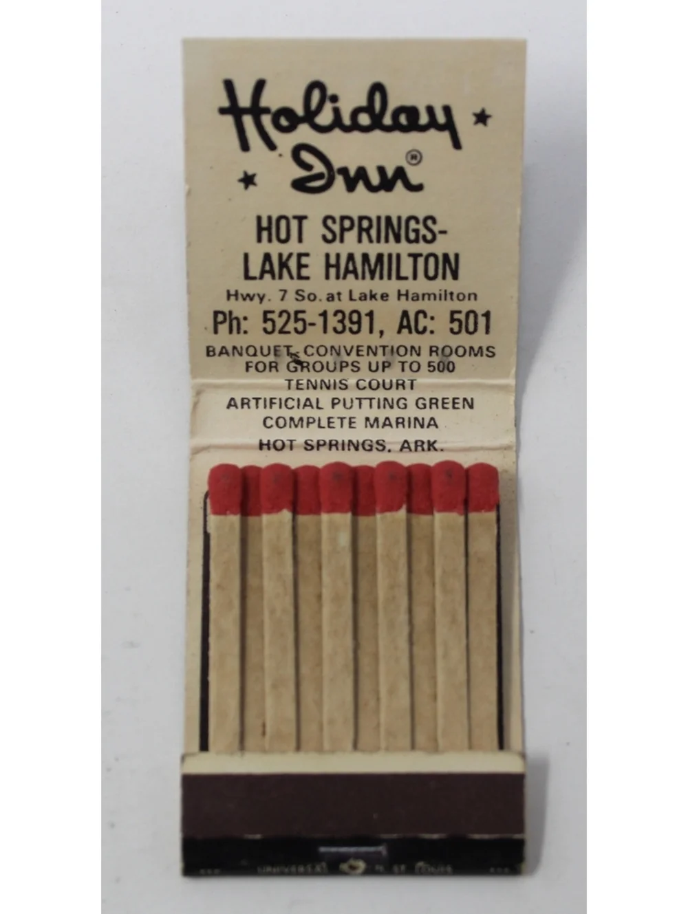 Vintage 1960s Holiday Inn Holidex Matchbook Hot Springs Lake Hamilton Arkansas